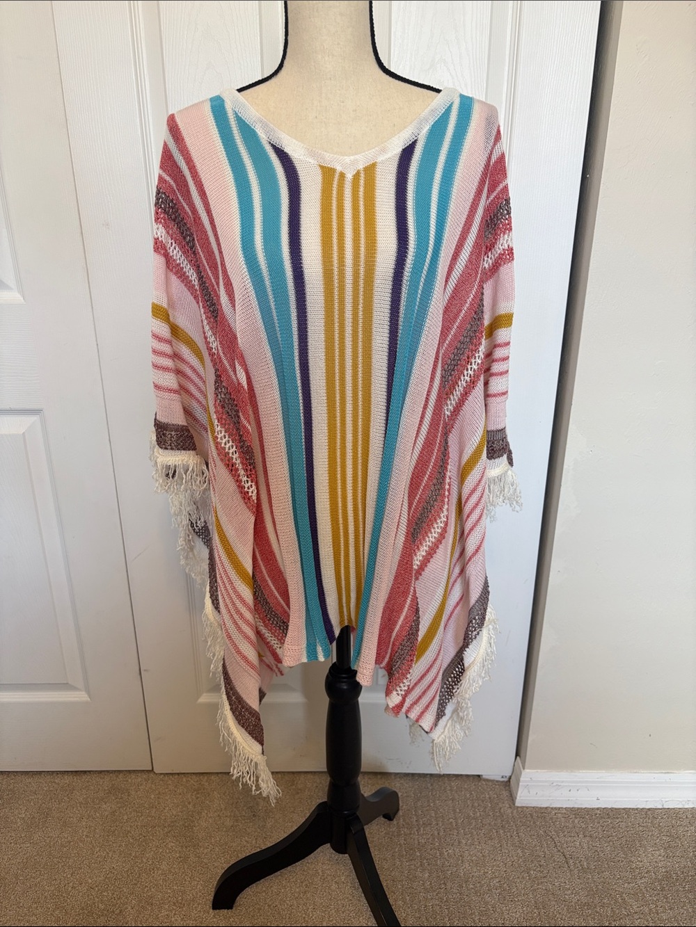 NWOT Cupshe Boho Multicolor Striped Knit Fringe Poncho Sweater- One Size.
